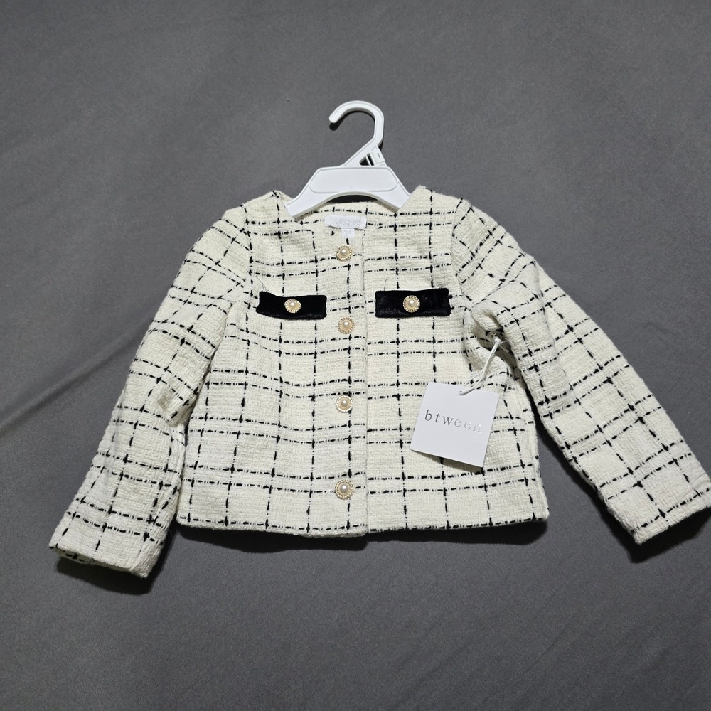new btween Tweed Jacket Kids 2T Ivory‎ Black Pearl Button Velvet Trim Blazer